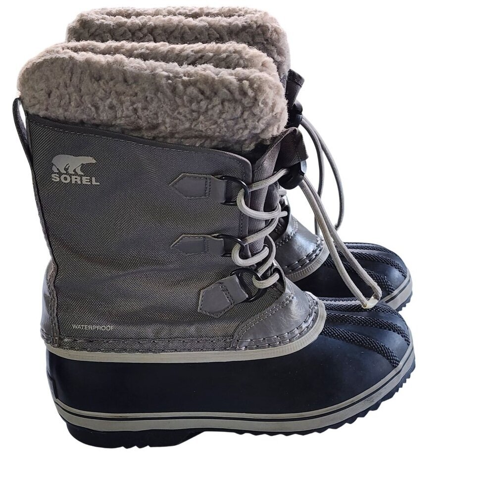 Sorel Yoot Pac Waterproof Duck Boots Youth sz 4 gray Boy Girl Faux Fur Trim